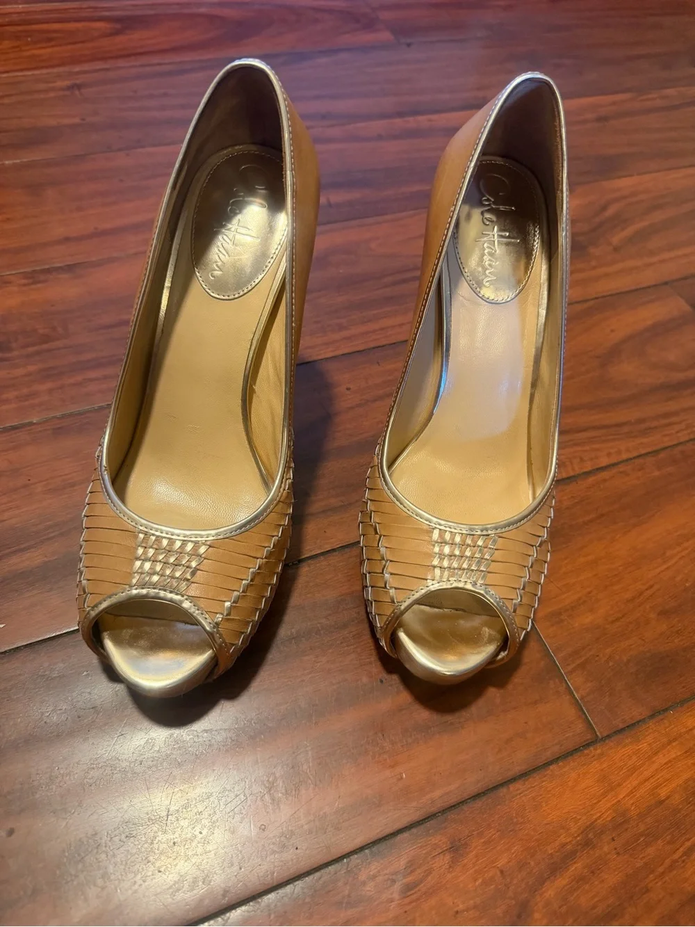 Cole Haan Woven Tan Peep-Toe High Heels - Picture 8 of 10